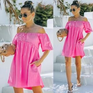 VICI Bright Pink Off the Shoulder Connah Dress